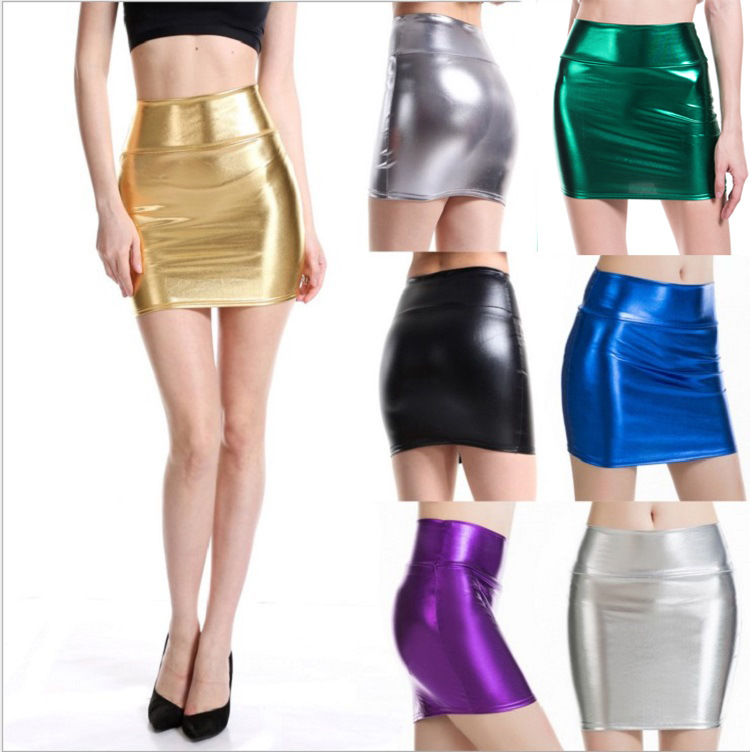 PU Leather Sheath & Step Skirt Package Hip Skirt gold foil print Solid gradient color PC