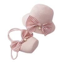 Cotton Linen Big Brim Hat with small bag & for girl & sun protection weave bowknot pattern : Set