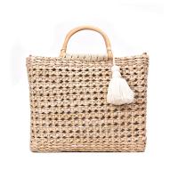 Bamboo & Straw Woven Tote with hanging ornament & durable & large capacity & attached with hanging strap Polyester Solid coffee PC