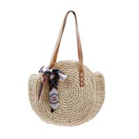 Straw with silk scarf & Handmade & Weave Woven Tote large capacity Polyester Solid two different colored PC