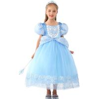 Polyester Ball Gown Children Princess Costume large hem design & for girl sky blue PC