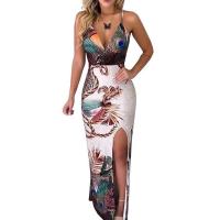 Polyester Slim & long style One-piece Dress deep V & side slit printed peacock feather pattern PC