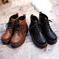 PU Leather Flange & front drawstring Women Martens Boots round toe & anti-skidding Rubber Set