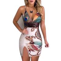 Polyester Slim Sexy Package Hip Dresses side slit printed peacock feather pattern white PC