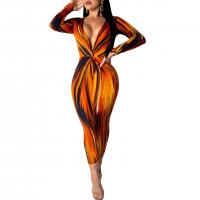 Milk Fiber long style & Sheath Sexy Package Hip Dresses deep V printed striped orange PC