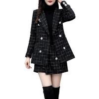 Polyester Plus Size Women Casual Set & two piece & loose Pants & coat plaid black PC