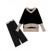 Polyester Women Casual Set two piece & breathable Wide Leg Trousers & sweater black PC