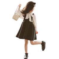 Cotton Children Clothes Set & two piece & breathable suspender skirt & top Solid black PC