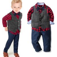 Cotton Slim Boy Clothing Set & three piece vest & Pants & top plaid wine red PC