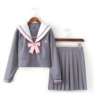 Cotton Women Sailor Suit with bowknot & breathable skirt & top gray PC