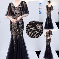 Sequin & Cotton Slim & floor-length Long Evening Dress deep V & backless black PC