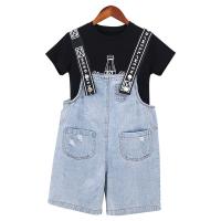 Cotton Girl Clothes Set & two piece & breathable suspender pant & top letter black and blue PC