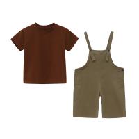 Cotton Children Clothes Set & two piece & breathable suspender pant & top Solid khaki PC