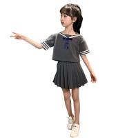 Polyester Girl Clothes Set with bowknot & two piece skirt & top plain dyed gray Set