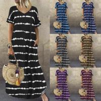 Polyester & Cotton long style & Plus Size One-piece Dress printed striped PC