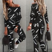 Polyester Women Casual Set & two piece & loose & breathable long sleeve blouses & Pants printed letter black :XXL Set
