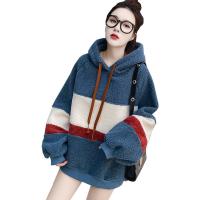 Berber Fleece Women Sweatshirts contrast color & thicken & loose plain dyed Solid blue and white PC