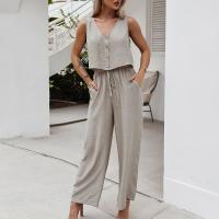 Polyester Women Casual Set & breathable Pants & top Solid khaki Set
