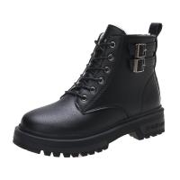 PU Leather front drawstring Women Martens Boots fleece  Rubber Solid black Pair