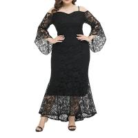 Spandex & Polyester Plus Size One-piece Dress & hollow patchwork floral black PC