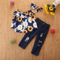 Cotton Children Clothes Set & three piece & loose & breathable Hair Band & Pants & top printed floral Set