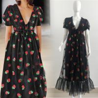 Polyester One-piece Dress large hem design & breathable fruit pattern black PC