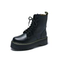 PU Leather Flange & front drawstring & side zipper Women Martens Boots  Rubber patchwork Solid Pair