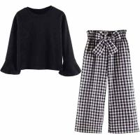 Cotton Girl Clothes Set & two piece Pants & top printed plaid black Set