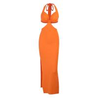 Polyester High Waist One-piece Dress & hollow Solid orange PC