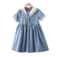Polyester Girl One-piece Dress & loose & breathable Solid blue PC