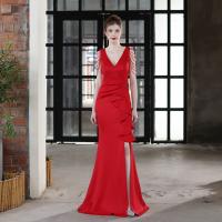 Polyester Waist-controlled Long Evening Dress deep V & side slit & breathable Polyester Solid PC