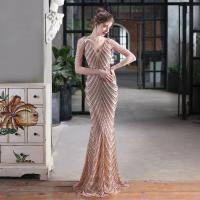 Sequin & Polyester Waist-controlled & Mermaid Long Evening Dress deep V & off shoulder & breathable patchwork Solid PC