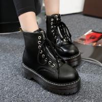 PU Leather Flange & front drawstring & side zipper Women Martens Boots Beef Tendon Solid :40 Pair