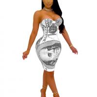 Polyester Slim & Step Skirt Sexy Package Hip Dresses & breathable & wrapped chest printed PC