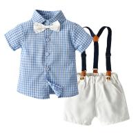 Cotton Boy Summer Clothing Set suspender pant & top printed plaid Set