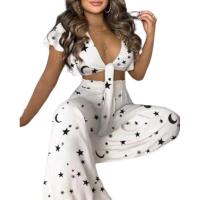 Polyester Crop Top & High Waist Women Casual Set & breathable Wide Leg Trousers & top printed Set
