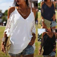 Polyester Plunge Women Three Quarter Sleeve T-shirt & off shoulder & hollow printed Solid PC
