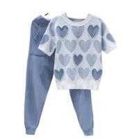 Acrylic Women Casual Set New arrivals fashionable women o neck short sleeve top with pants knit 2 piece casual pants set Pants & camis & top knitted heart pattern