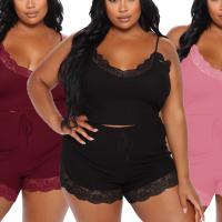 Polyester Plus Size Women Pajama Set & two piece tank top & bottom patchwork Solid Set