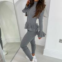 Polyester & Cotton stringy selvedge Women Casual Set & two piece Long Trousers & long sleeve T-shirt plain dyed Solid Set