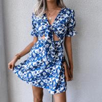 Polyester scallop & High Waist One-piece Dress & hollow printed shivering blue PC
