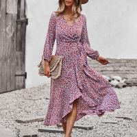 Polyester High Waist One-piece Dress irregular & large hem design & mid-long style & wrapped chest printed shivering PC