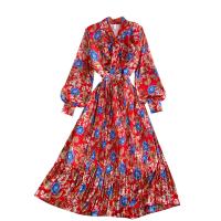 Polyester Pleated One-piece Dress loose printed floral PC