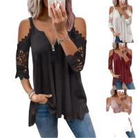 Polyester lace & Plus Size Women Short Sleeve Blouses & hollow Solid PC