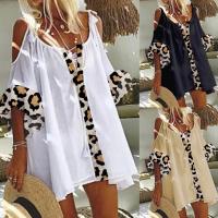 Polyester Women Short Sleeve T-Shirts & off shoulder & loose & hollow & breathable printed leopard PC