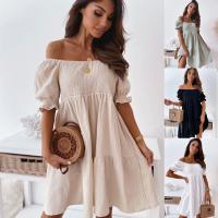 Polyester Plus Size & High Waist Boat Neck One-piece Dress Solid PC