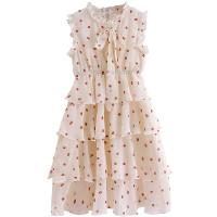 Chiffon scallop & High Waist Girl One-piece Dress mid-long style printed fruit pattern white PC