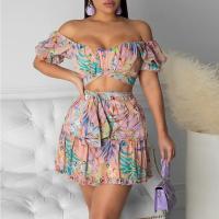 Polyester Slim Two-Piece Dress Set & two piece & off shoulder printed Set