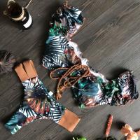 Modal & Spandex & Polyester Bikini & two piece printed leaf pattern green Set