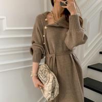 Core-spun Yarn Waist-controlled Sweater Dress loose & thermal & breathable knitted Solid : PC
